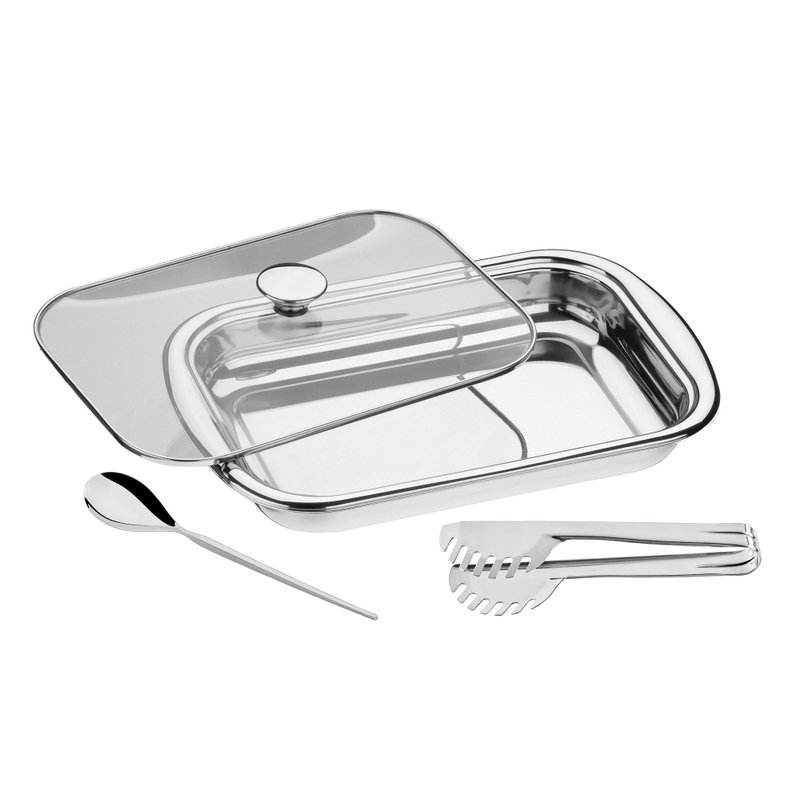 Kit para Assar e Servir Cosmos em Aço Inox com Tampa de Vidro 3 Peças