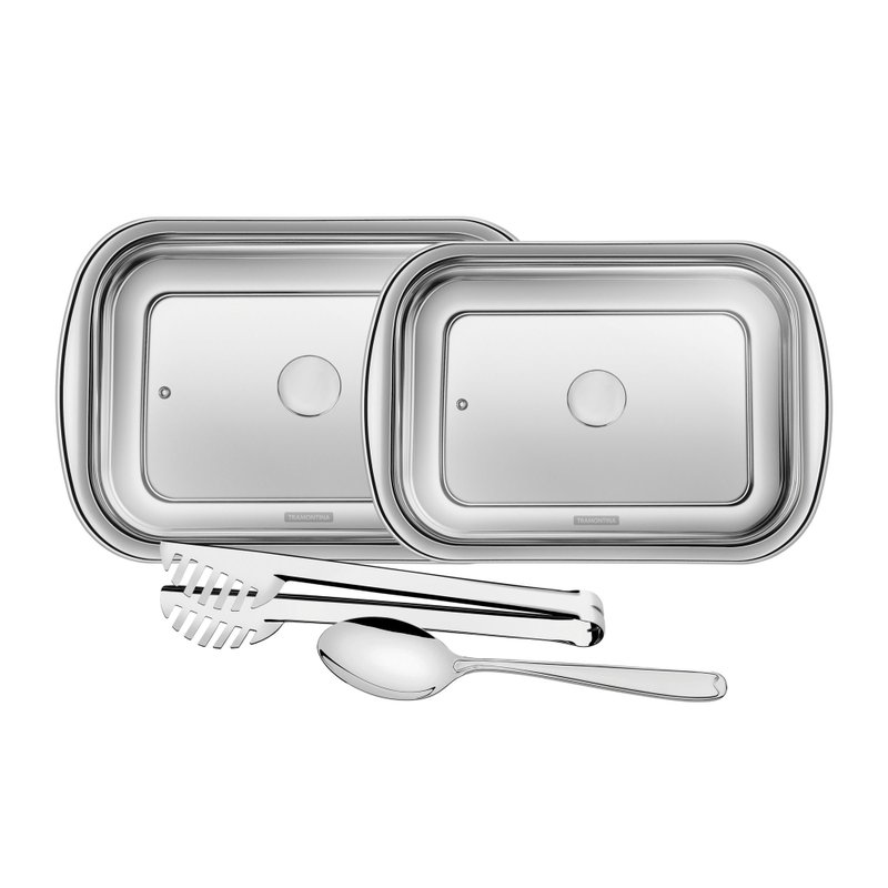 Kit para Assar e Servir Cosmos em Aço Inox com Tampa de Vidro 4 Peças