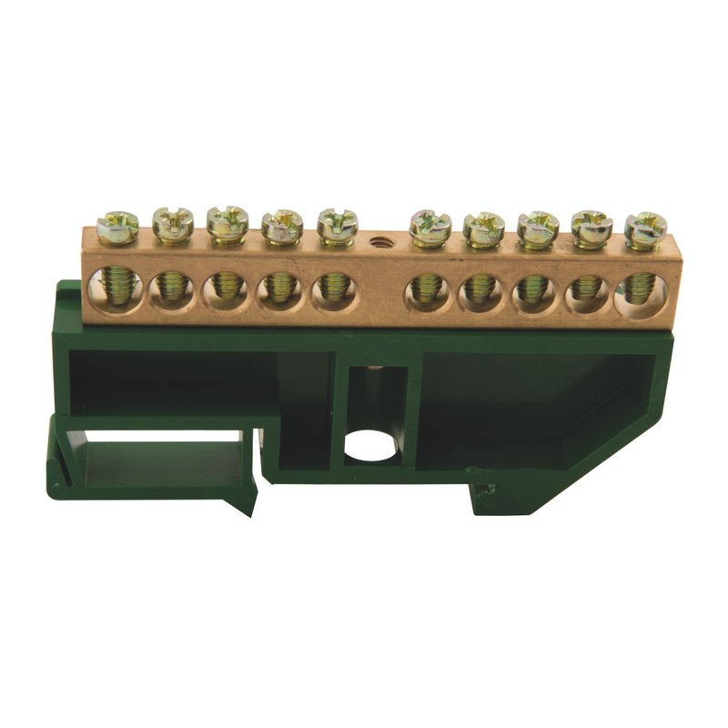 Barramento Terra DIN 10 Ligações com Suporte Verde