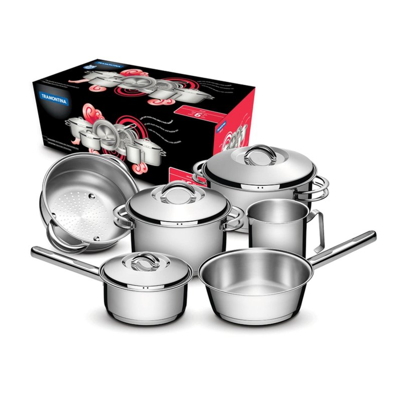 Jogo de Panelas Solar em Aço Inox com Fundo Triplo e Tampas de Inox 6 Peças