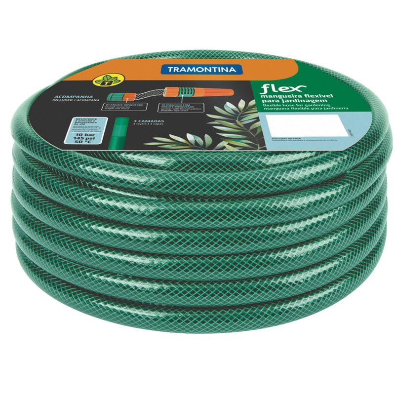Mangueira Flex Verde em PVC 3 Camadas 6 m com Engates rosqueados e Esguicho