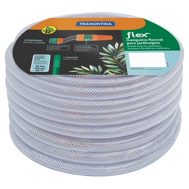 Mangueira Flex Transparente em PVC 3 Camadas 30 m com Engates Rosqueados e Esguicho