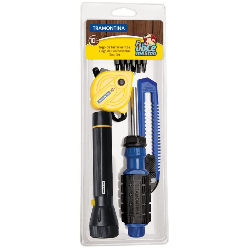 Kit de Ferramentas com Trena Estilete Lanterna Ponteiras e Chave com Adaptador 10 Peças