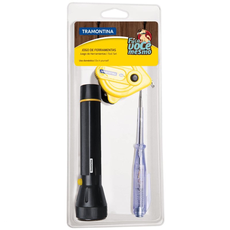 Kit de Ferramentas com Trena Chave Teste e Lanterna para Uso Doméstico 3 Peças
