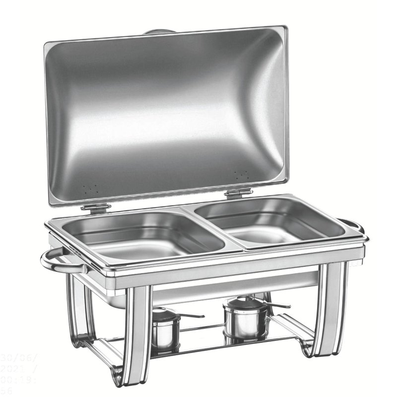 Rechaud Retangular em Aço Inox Banho Maria Tampa Basculante Cuba GN 1/2 com Fogareiro 8,4