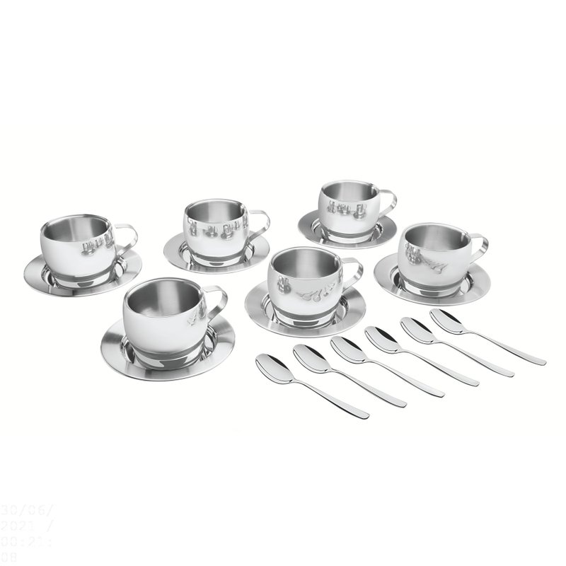 Kit para Chá e Capuccino em Aço Inox Acabamento Brilho com Xícara Pires e Colher 18 Peças