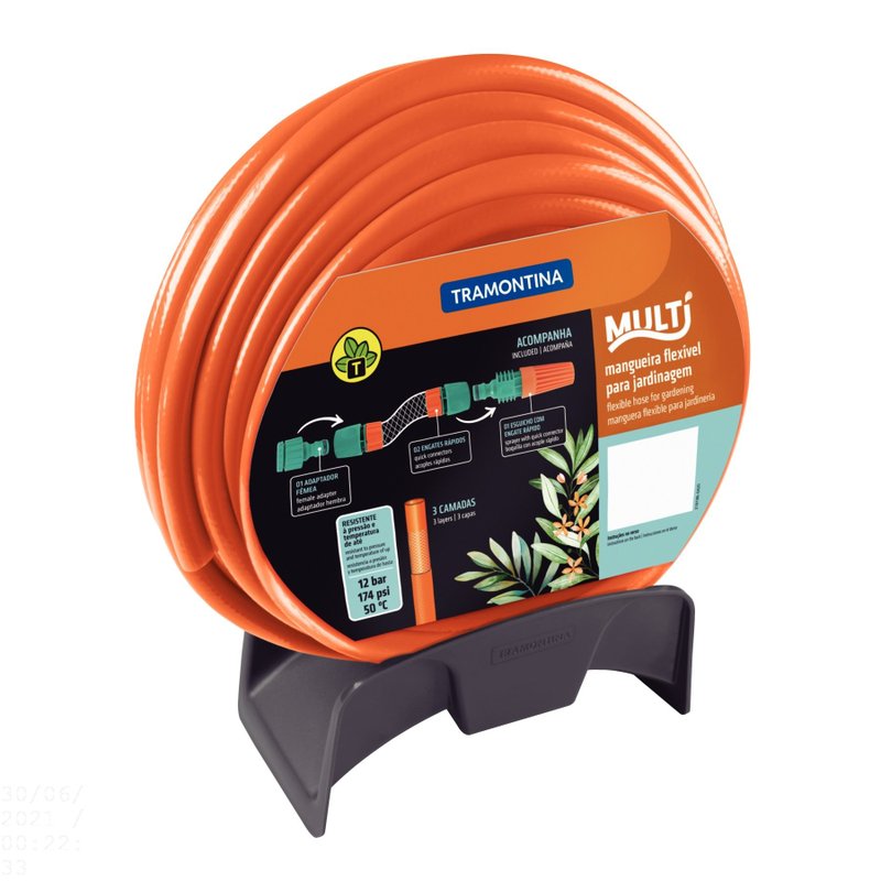 Mangueira Multi 1/2" Laranja em PVC 3 Camadas 20 m com Engates Rápidos, Esguicho e Suport