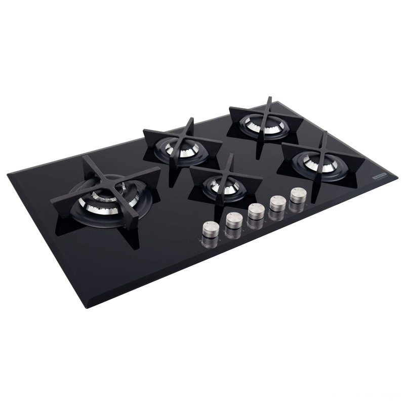 Cooktop a Gás Design Collection Penta Glass Flat em Vidro Temperado e Trempes em Ferro Fu