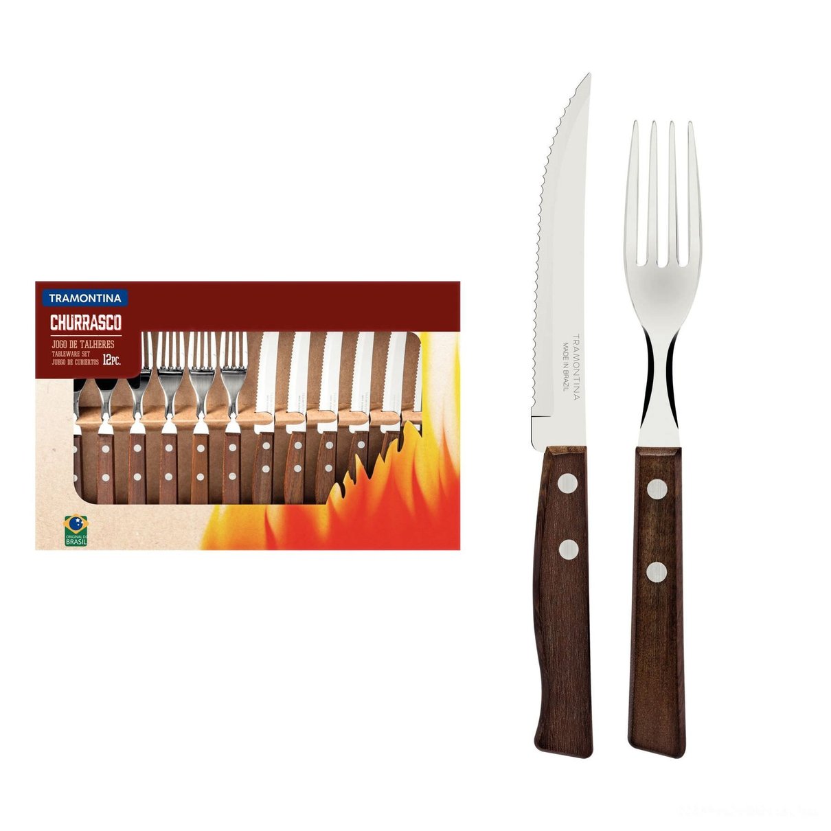 Jogo de Talheres para Churrasco Cabo de Madeira Natural 12 Peças