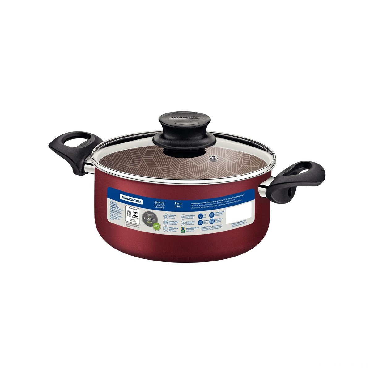 Caçarola Paris Antiaderente Starflon Max Vermelho com Tampa de Vidro 18 cm 2,1 L