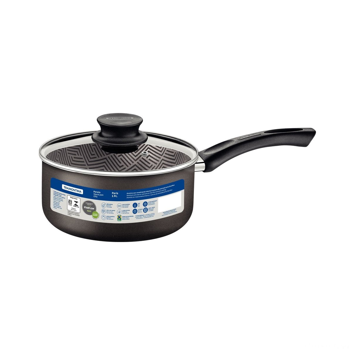Panela Paris Antiaderente Starflon Max Chumbo com Tampa de Vidro 16 cm 1,5 L