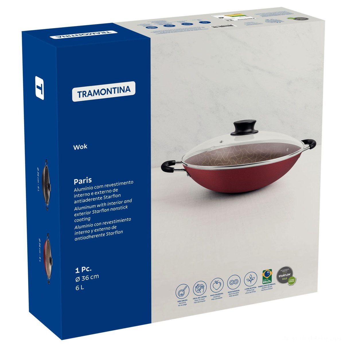 Wok Paris Antiaderente Starflon Max Vermelho com Tampa de Vidro 36 cm 6,0 L