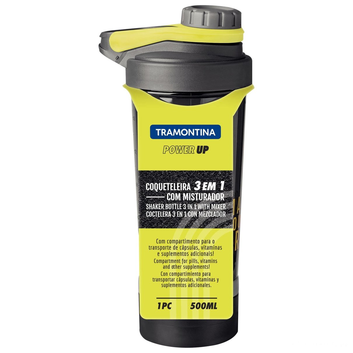 Coqueteleira Power Up 3 em 1 com Corpo em Copoliéster e Misturador de Aço Inox