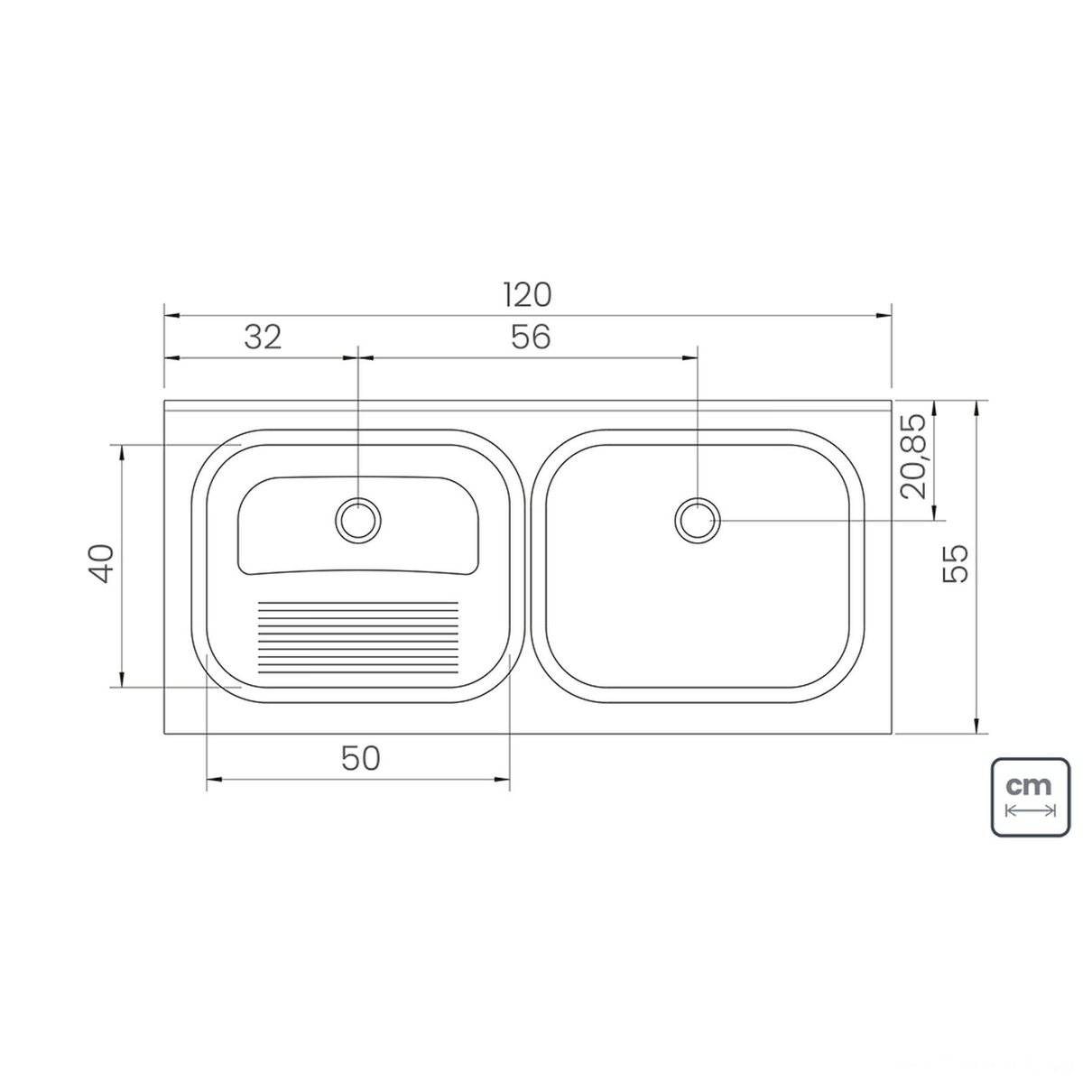 Tanque Duplo Hera Duo Plus 2C 30 + 30 L em Aço Inox Acetinado 120x55 cm com Cuba - Aço Inox