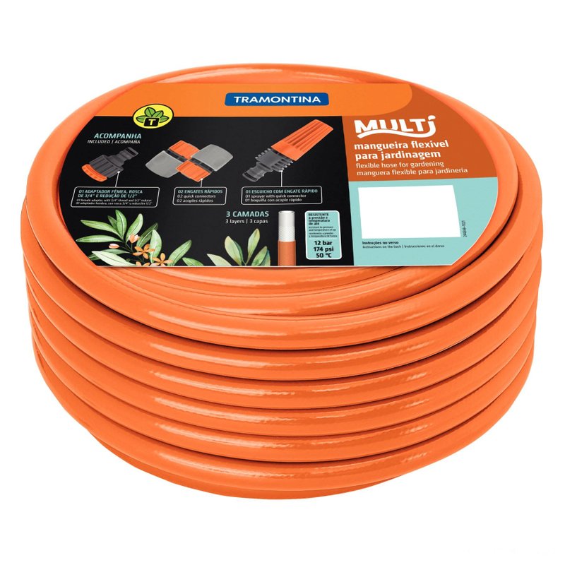 Mangueira Multi 1/2" Laranja em PVC 3 Camadas 30 m com Engates Rápidos e Esguicho