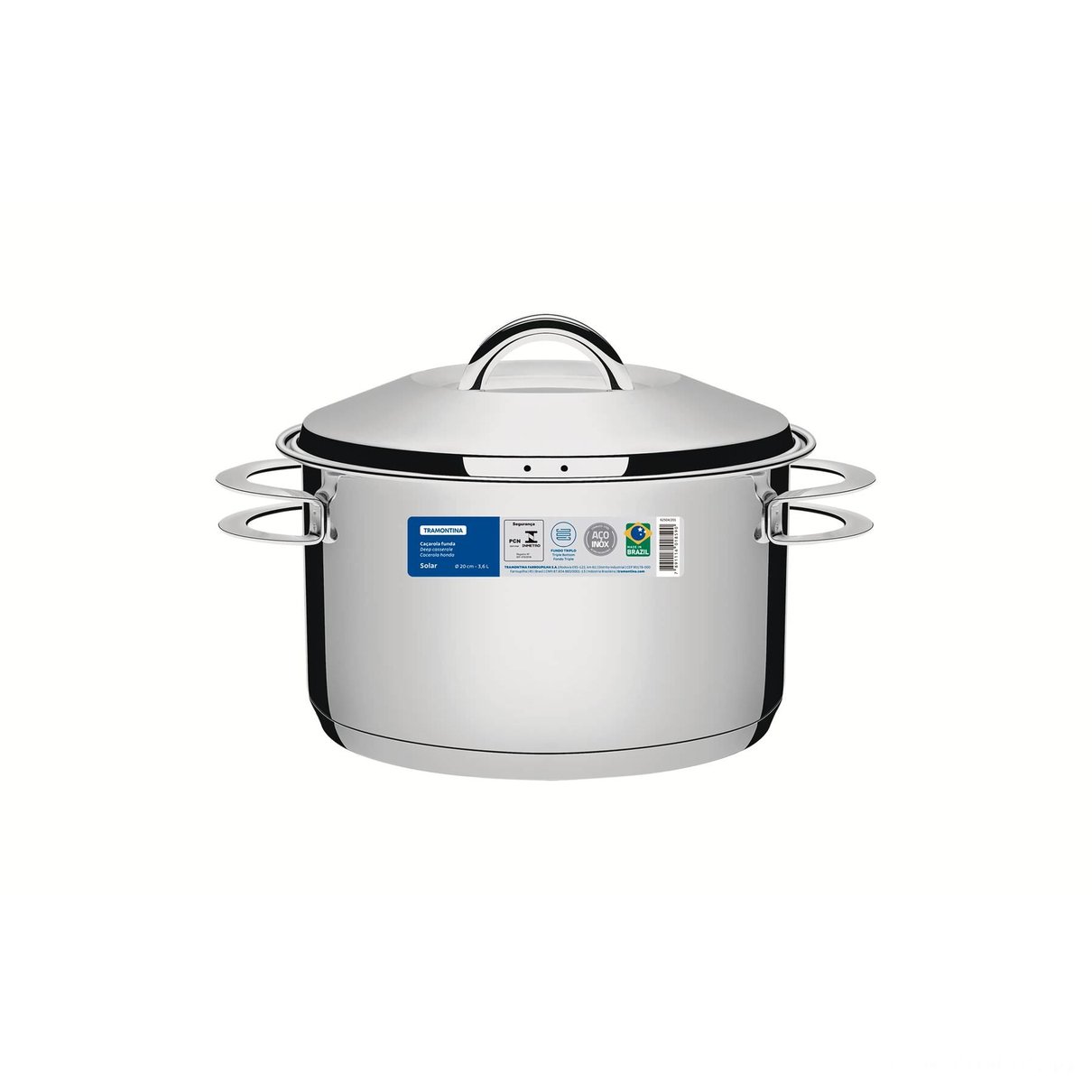 Caçarola Solar Funda em Aço Inox Fundo Triplo com Tampa e Alças 20 cm 3,6 L