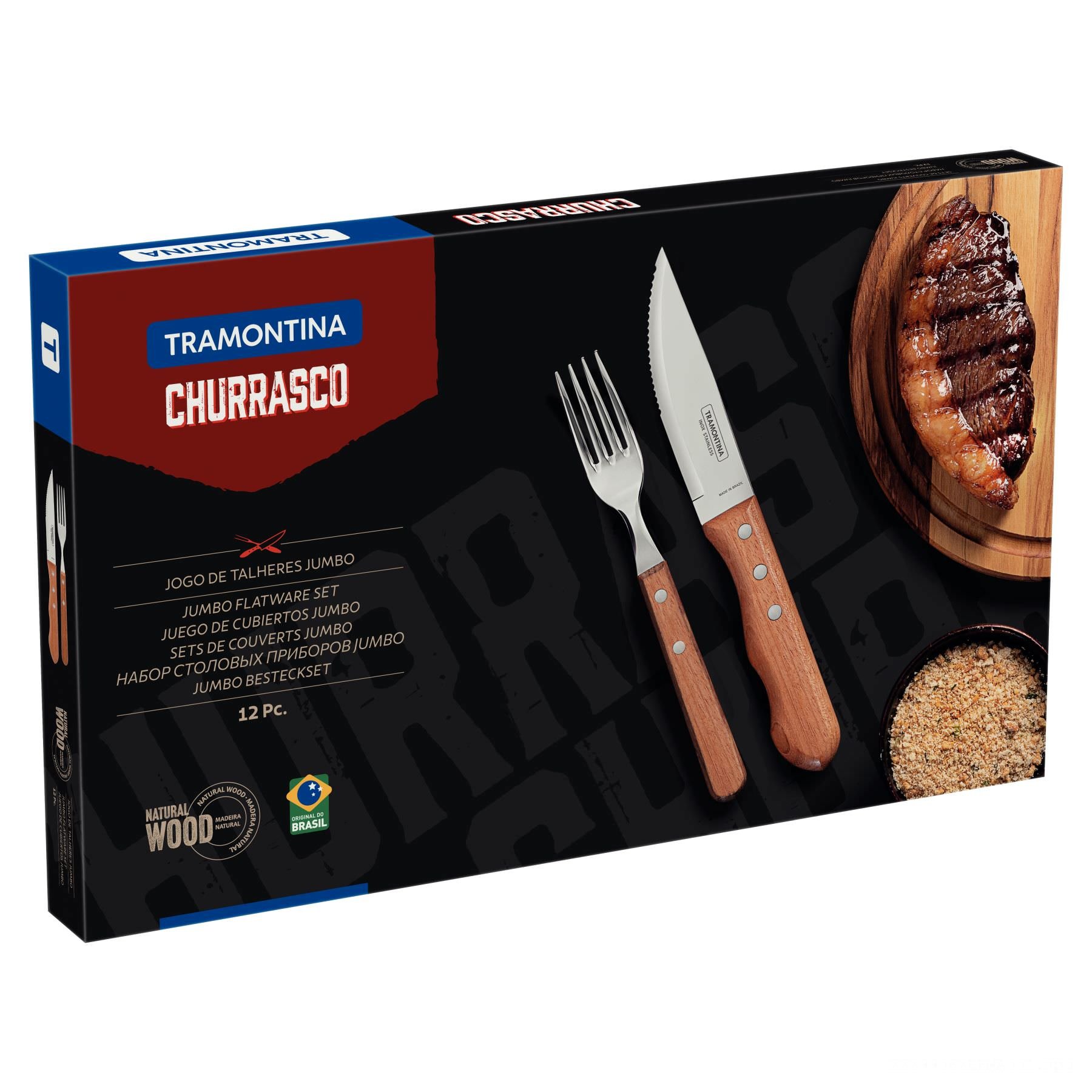 Jogo Churrasco Tramontina Dynamic Jumbo Aço Inox Cabos Madeira